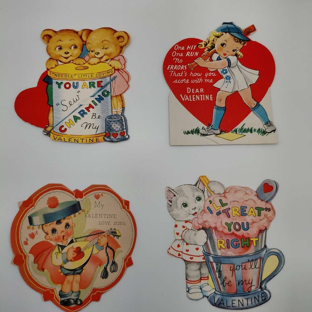 Valentine Cards (4) Unused Diecut Vintage Paper Card A-meri-card / A.C. 40s-50s